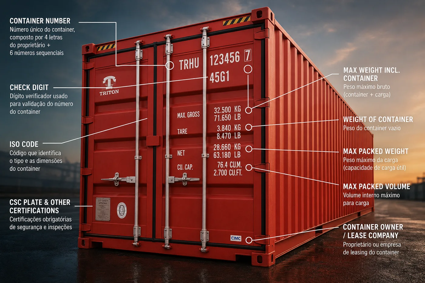 Marcações do Container: Como Ler Número, ISO Code, Tare, Peso Máximo e Placa CSC